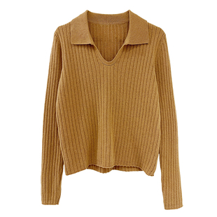 misslady高级羊毛坑条纹翻领针织衫毛衣女士上衣新款百搭气质修身