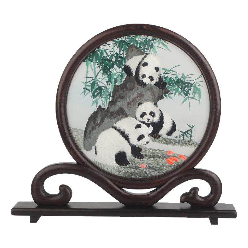 蜀绣双面绣大熊猫屏风手工刺绣摆件鸡翅木如意架礼品礼物成都特产