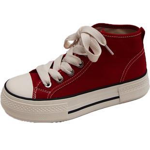 人本女鞋增高红色高帮帆布鞋女2026春季新款厚底板鞋女款高邦鞋子