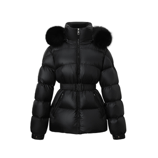 SUK 暖意倾城! 亮面连帽毛领90白鹅绒保暖优雅收腰毛领手套羽绒服