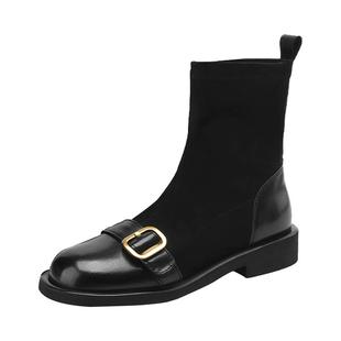 达芙妮瘦瘦靴女冬季平底短靴2026新款加绒弹力女靴袜靴黑色马丁靴