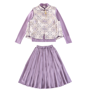 女童套装秋冬款新中式2025新款中大童女孩古风马甲裙子三件套加厚