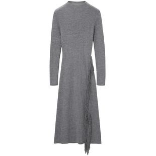 OVV秋冬新款女装双色纱线半高领流苏装饰针织长袖连衣裙