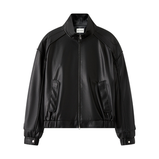 ORGANIC EMOTION翻领飞行员夹克嵌绳分割美式复古廓形皮衣外套OE