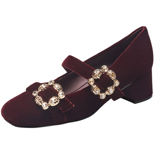 意尔康复古丝绒玛丽珍女鞋2026春季新款水钻粗跟方头晚晚宴高跟鞋