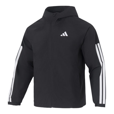 阿迪达斯梭织连帽外套男装2026春季新款黑色防风衣运动夹克JM1056