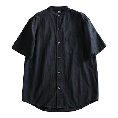 水洗棉麻透气休闲立领短袖衬衫
