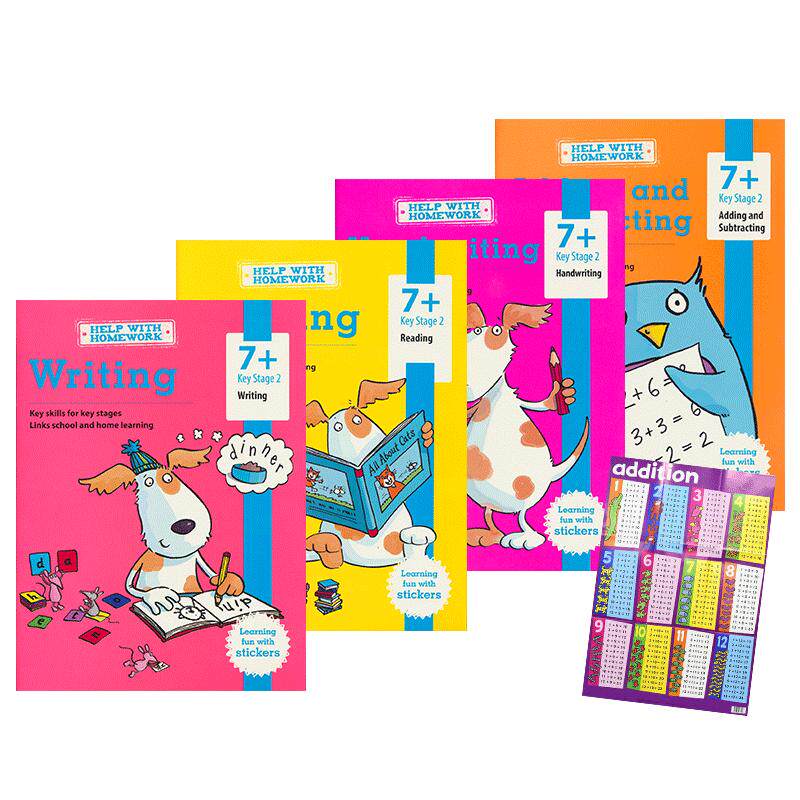 Essential Skills Key Stage 2 小学阶段 7岁+ 英文书写+数学加减+英语阅读和写作 儿童英语贴纸教辅 核心技能英语练习册4册套装