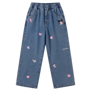 HelloKitty凯蒂猫女童春季牛仔裤2026卡通印花洋气休闲软牛仔裤子