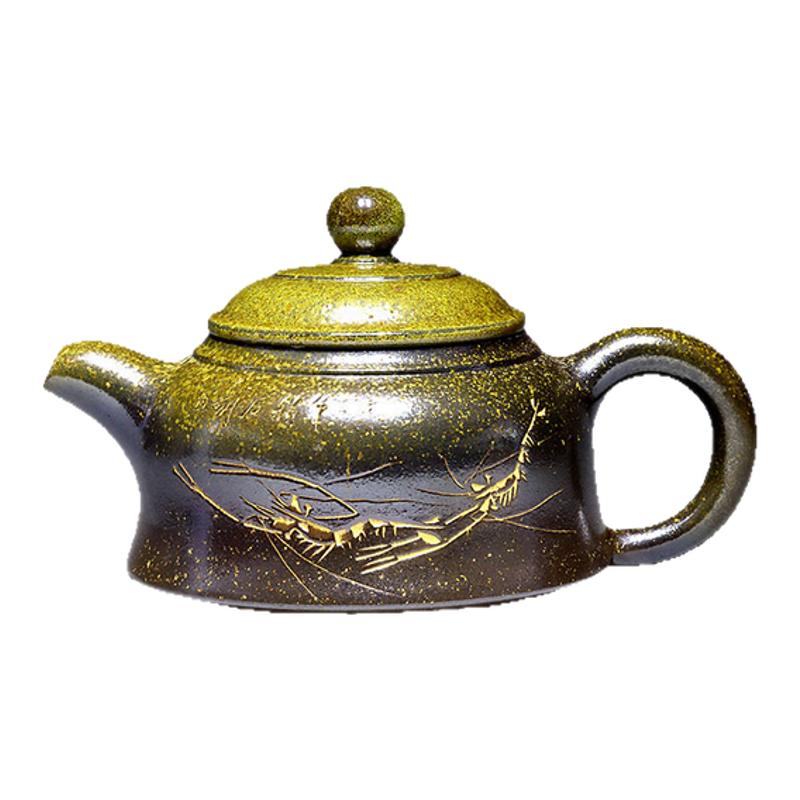 坭兴陶柴烧壶精品茶具广西大师赖石刻绘金兰壶中式家用泡茶器