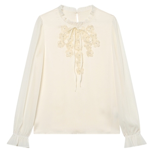 白鹿语纯色立领木耳边衬衣2025春季新款立体花朵钉珠雪纺衬衫女