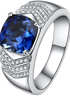 蓝宝石男士戒指925纯银镀金