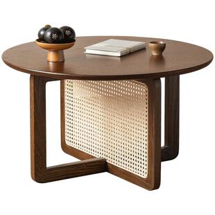 源氏木语实木茶几客厅现代简约藤编圆几家用圆形茶台黑胡桃木茶桌