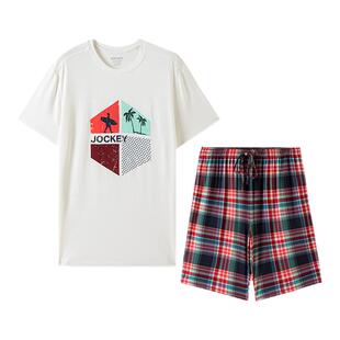 jockey男士短袖睡衣套装莫代尔亲肤柔软时尚格纹T恤五分裤家居服