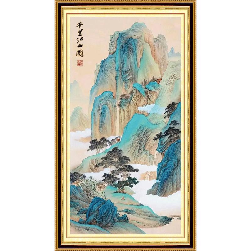 十字绣千里江山图竖版玄关风景大画新款客厅简约现代满绣刺绣挂画