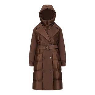 艾莱依女士羽绒服新款假两件式连帽爆款长款时尚腰带鹅绒服外套