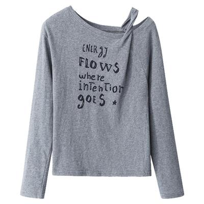 夕蒙2025新款秋韩系绝美气质上衣设计感独特别致小众灰色斜肩t恤