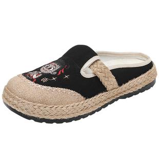 老北京布鞋女新款包头半拖鞋外穿亚麻凉拖鞋渔夫鞋透气网面绣花鞋