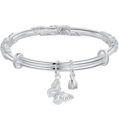 足银999蝶恋花推拉实心银手镯