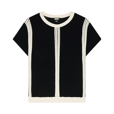 短袖针织衫飞袖撞色绞花装饰圆领