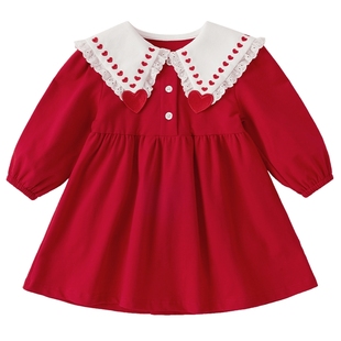 女童红色连衣裙2025大童公主裙儿童生日裙子春秋宝宝周岁秋装女宝