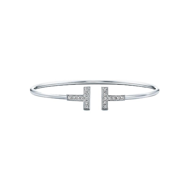 【自营】中古99新蒂芙尼Tiffany T 系列18K白金手镯镶钻经典百搭
