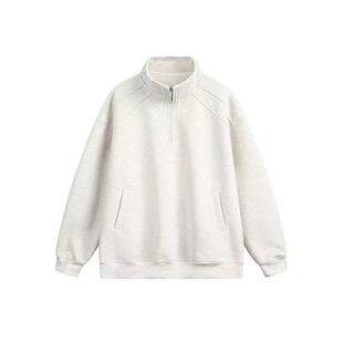 美式休闲白灰色半拉链加绒立领卫衣男款宽松百搭翻领套头衫秋冬季