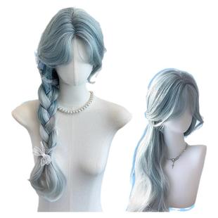 蓝色假发女长发新款渐变长卷发假发套自然中分冰蓝色大波浪全头套