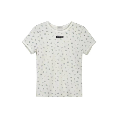 ECHOADE经典小圆领 蕾丝花边设计罗纹织碎花短袖T恤