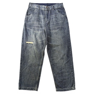 日系潮流ins春秋复古破洞补丁乞丐个性做旧水洗直筒宽松牛仔裤男