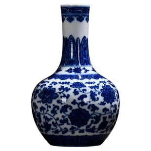 【柴窑】景德镇陶瓷中式花瓶仿古手绘缠枝莲小天球瓶公司收藏摆件