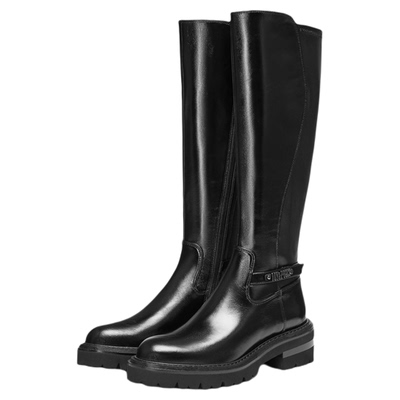 真美诗2024冬季新款光泽牛皮原创饰扣粗跟骑士靴女YPU58DG4