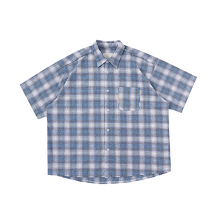 WHIMNOTION 24ss日系复古水洗做旧毛边口袋格纹短袖衬衫cleanfit