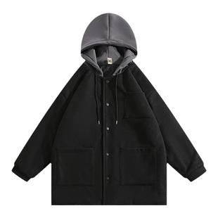 BOYUE帛跃oversize内里夹棉毛呢大衣青少年拼接连帽加厚夹克男潮