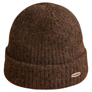 日系厚款咖啡色针织帽冬季双层保暖护耳套头帽女生时尚百搭毛线帽