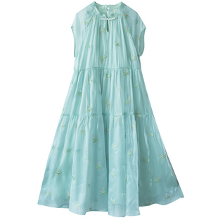 【碧瑶】新中式连衣裙女2025夏季新款欧根纱刺绣气质改良旗袍长裙