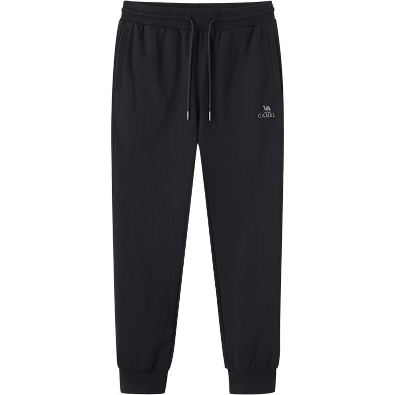 骆驼男装运动裤男款秋冬季纯棉针织加绒卫裤黑色宽松束脚休闲长裤