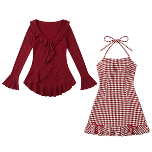 织物猪 甜樱少女 甜美风红色千鸟格挂脖连衣裙女新年穿搭长袖上衣