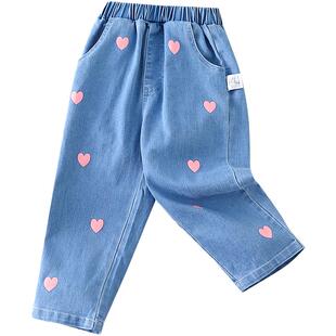 女童裤子春秋季直筒裤牛仔裤小儿童新款休闲裤宝宝时髦印花长裤潮