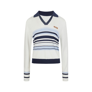 ARTE PURA2026春季新款蓝白条纹撞色polo领套头毛织上衣女长袖T恤