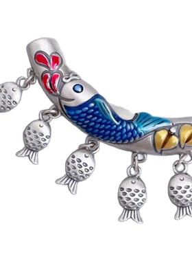 中国风复古锦鲤彩色流苏弯管项链鱼吊坠双面工艺景泰蓝国潮饰品