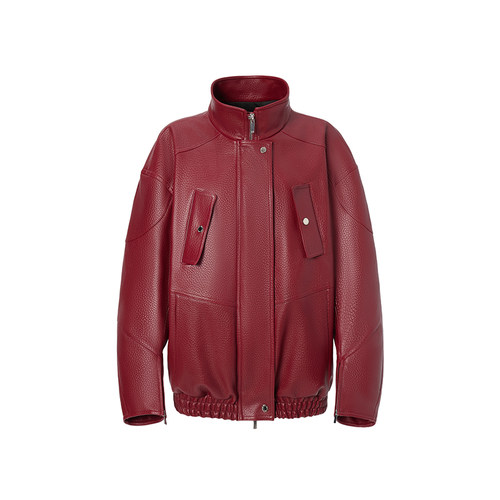 【明星同款】LEDIM WANG仿皮夹克羽绒服女新款鹅绒酒红色皮衣外套