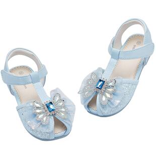 戴维贝拉女童凉鞋女孩皮鞋2026夏季新款儿童水晶鞋蓝色公主鞋宝宝