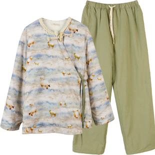 朵朵可可冬季珊瑚绒加厚棉麻夹棉保暖家居服睡衣女套装