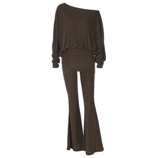 gusty欧美时尚辣妹咖色斜肩长袖上衣+高腰喇叭长裤休闲套装2025秋