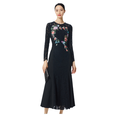 蕾丝贴花中长款鱼尾连衣裙礼服