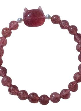 天然草莓晶猫咪头手链原创独特