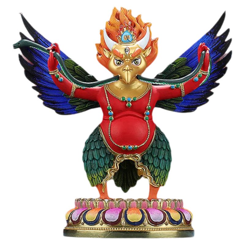 密宗彩绘金翅大鹏鸟佛像摆件3寸7寸 护法佛像莲花座纯铜饰品