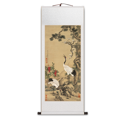 松鹤延年卷轴挂画新中式客厅装饰画办公室山水画餐厅玄关仙鹤国画_虎窝淘