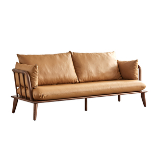 北美黑胡桃木实木沙发真皮北欧轻奢侘寂风小户型客厅家具原木沙发